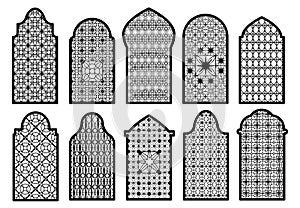 Islamic ornamental windows. Arabic window arch, traditional oriental religious decor elements. Beautiful doors shapes