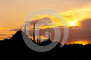 Islamic photo. Silhouette of Suleymaniye Mosque at sunset.