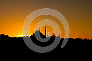 Islamic photo. Silhouette of Suleymaniye Mosque at sunset in Istanbul