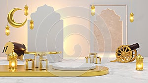 Islamic product display mock up. Podium, crescent moon, lantern, gift box. Ramadan, Islamic New Year. 3D rendering