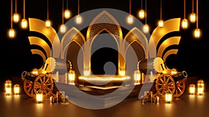 Islamic product display mock up. Podium, crescent moon, lantern, gift box. Ramadan, Islamic New Year. 3D rendering