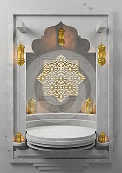 Islamic product display mock up. Podium, crescent moon, lantern, gift box. Ramadan, Islamic New Year. 3D rendering