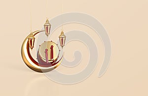 Islamic ramadan greeting background with arabic hanging lantern, crescent moon traditional drum - 3d Rendering