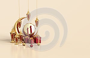 Islamic ramadan greeting background with arabic lantern, crescent moon, gift box and traditional drum - 3d Rendering