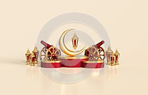 Islamic ramadan greeting background with arabic lantern, crescent moon, traditional cannon and round podium - 3d Rendering