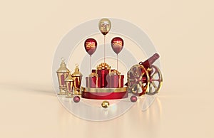 Islamic ramadan greeting background with arabic lantern, gift box, traditional cannon, balloons with arabic calligraphy ramadan