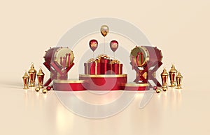 Islamic ramadan greeting background with arabic lantern, gift box, traditional drum, and round podium - 3d Rendering