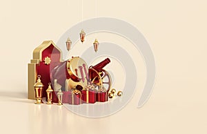 Islamic ramadan greeting background with arabic lantern, gift box, traditional drum, and round podium with mosque ornament - 3d