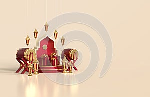 Islamic ramadan greeting background with arabic lantern, gift box, traditional drum, and round podium with mosque ornament - 3d