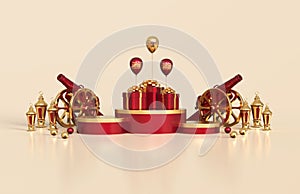 Islamic ramadan greeting background with arabic lantern, gift box, traditional drum and traditional cannon - 3d Rendering