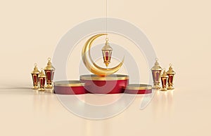 Islamic ramadan greeting background with crescent moon, arabic lantern, gift box, traditional drum, and round podium - 3d