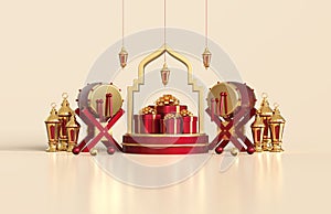 Islamic ramadan greeting background with round podium stage with mosque ornament and decoration, arabic lantern, gift box and