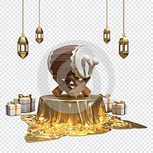 Islamic ramadan with podium, traditional drum, arabic lanterns, and gift boxes. Islamic drum on the podium. 3D rendering