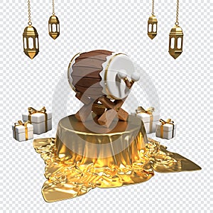 Islamic ramadan with podium, traditional drum, arabic lanterns, and gift boxes. Islamic drum on the podium. 3D rendering