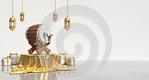 Islamic ramadan with podium, traditional drum, arabic lanterns, and gift boxes. Islamic drum on the podium. 3D rendering