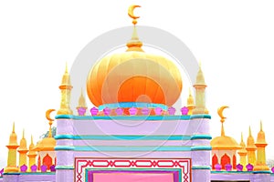 An Islamic shrine temple replica against a white backdrop