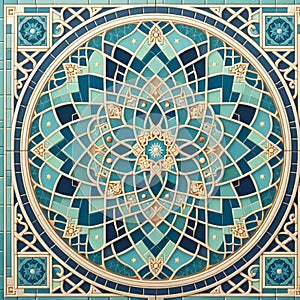 Islamic style geometric mosaic in a Moroccan style pattern, decorative zellige tiles, generative ai