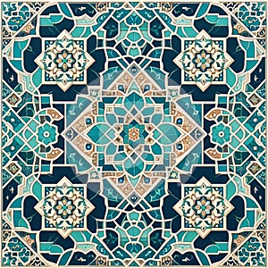 Islamic style geometric mosaic in a Moroccan style pattern, decorative zellige tiles, generative ai