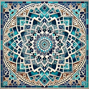 Islamic style geometric mosaic in a Moroccan style pattern, decorative zellige tiles, generative ai