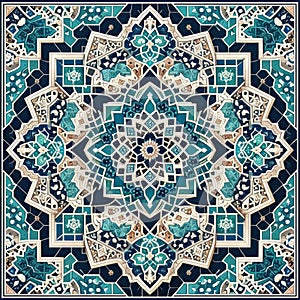 Islamic style geometric mosaic in a Moroccan style pattern, decorative zellige tiles, generative ai