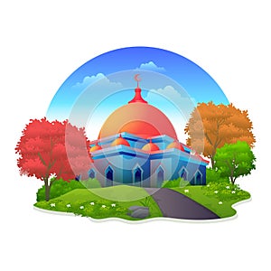 Islamic symbol, mosque in flat style with beautiful green yard illustration