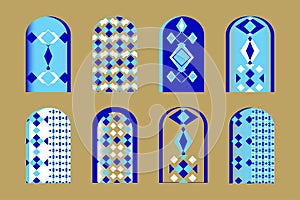 Islamic window and gate shapes set, Silhouettes of Arabic door and window colored in blue and gold color