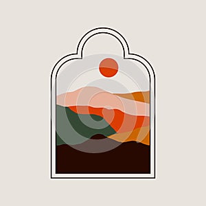 Islamic window mountain landscape. Modern arabian arch oriental style, abstract boho minimal art. Vector illustration