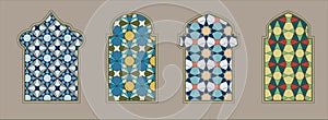 Islamic window shape with color mashrabiya pattern. Arabic door frame. Islamic arhitecture elements of window and door photo