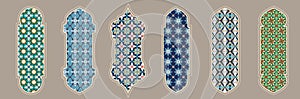 Islamic window shape with color mashrabiya pattern. Arabic door frame. Islamic arhitecture elements of window and door photo