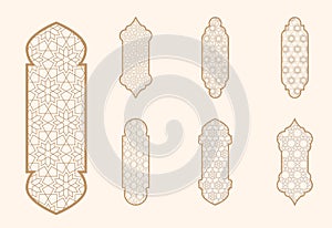 Islamic window shape with mashrabiya pattern. Arabic door frame. Islamic arhitecture elements of window and door and