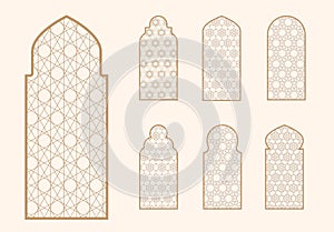 Islamic window shape with mashrabiya pattern. Arabic door frame. Islamic arhitecture elements of window and door and