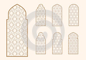 Islamic window shape with mashrabiya pattern. Arabic door frame. Islamic arhitecture elements of window and door and photo
