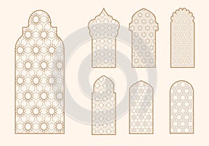 Islamic window shape with mashrabiya pattern. Arabic door frame. Islamic arhitecture elements of window and door and