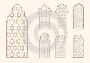 Islamic window shape with mashrabiya pattern. Arabic door frame. Islamic arhitecture elements of window and door and photo