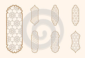 Islamic window shape with mashrabiya pattern. Arabic door frame. Islamic arhitecture elements of window and door and photo