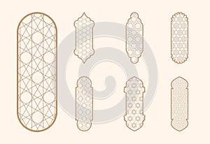 Islamic window shape with mashrabiya pattern. Arabic door frame. Islamic arhitecture elements of window and door and