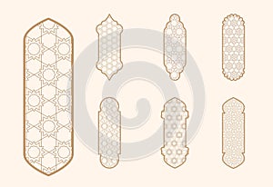 Islamic window shape with mashrabiya pattern. Arabic door frame. Islamic arhitecture elements of window and door and
