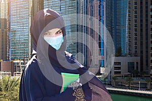 Islamic woman on the background of tall modern business buildings