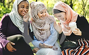 Islamic women friends talking and having fun