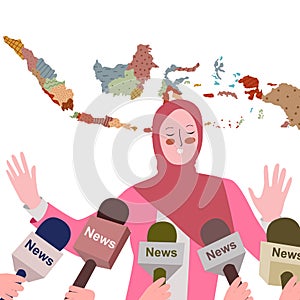 Islamic women front microphone interview mass media news background of indonesian island map with flat cartoon style