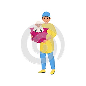 Islamic Young Boy Holding Sheep In Box On White