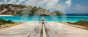 Island Airstrip Small Plane Landing On A Picturesque Caribbean Runway