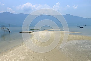 Island beach, landscape with mountains and sea