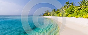 Island beach. Tropical landscape of summer scenery, white sand with palm trees. Luxury travel vacation destination. Exotic beach