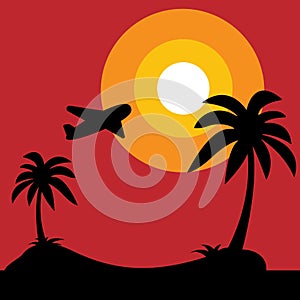 Island with black silhouette of palm trees and aircraft on sunrise on white background, vector illustration