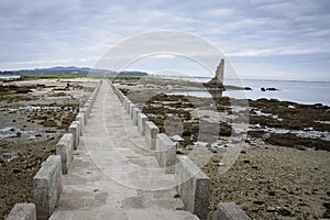 Island, bridge and tower of San SadurniÃ±o in Cambados, Rias Bajas, Pontevedra, Galicia, Spain