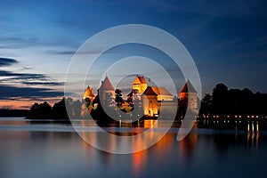 Island castle at night, Trakai, Lithuania, Vilnius