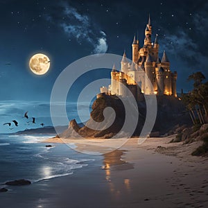 an island with an castle at night by the water's edge