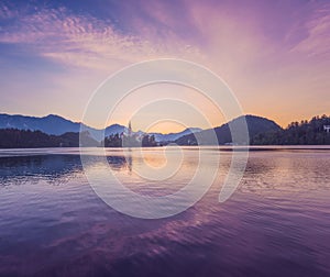 Island with Church in Bled Lake, Slovenia at Sunrise