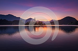 Island with Church in Bled Lake, Slovenia at Sunrise